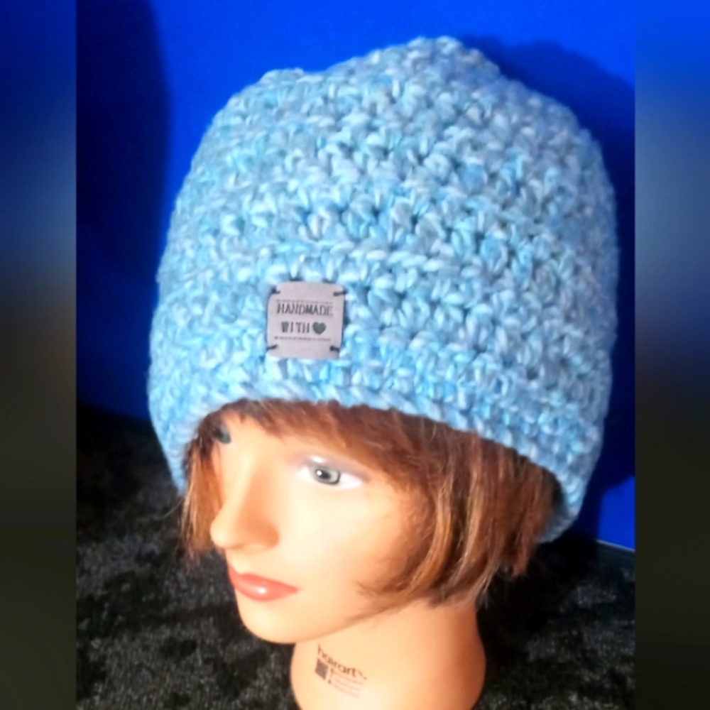 Handmade Light Blue Crochet Beanie Hat like new condition